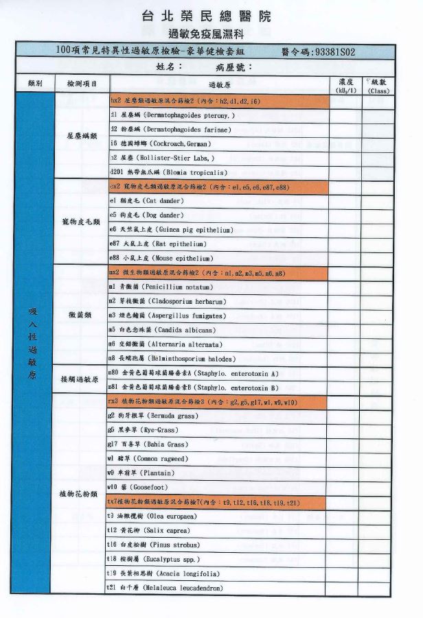 100 items for allergen test