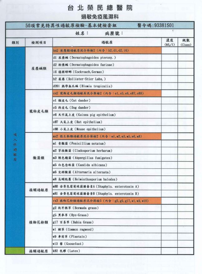 50 items for allergen test