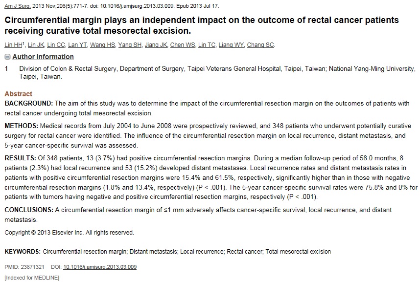 Circumferential margin plays an independent impact on the outcome of rectal cancer patients receiving curative total mesorectal excision.