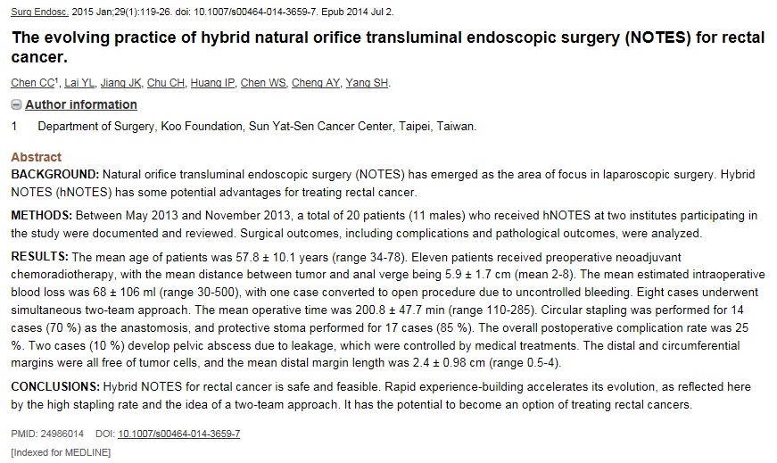 Chen CC, et al. The evolving practice of hybrid natural orifice transluminal endoscopic surgery (NOTES) for rectal cancer. Surg Endosc. 2015 Jan;29(1):119-26