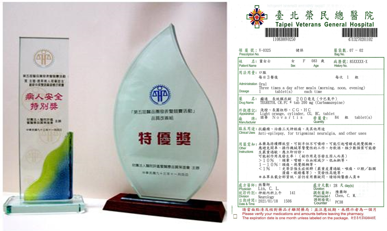 The innovative labeling of prescription medicine bag has received many honors such as national championship of quality improvement and patient safety special awards granted by Taiwan Joint Commission on hospital Accreditation (TJCHA).