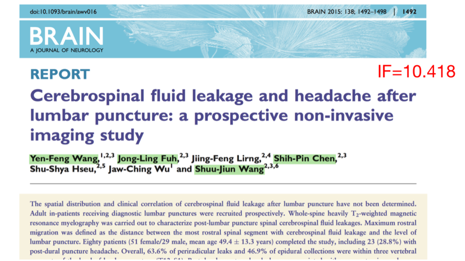CSF leakage and headache after lumbar puncture: a prospective non-invasive imaging study. IF=10.418
